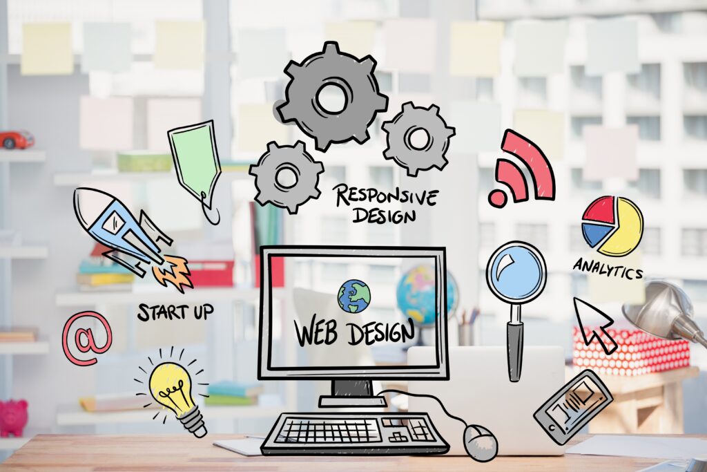 web design concept with drawings اهمیت طراحی سایت شرکتی برای کسب و کار های نو پا