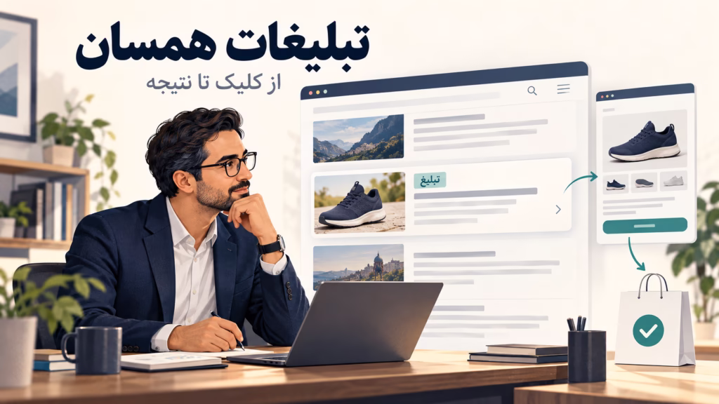 مدیر کسب و کار در حال بررسی مسیر تبلیغات همسان تا خرید مشتری