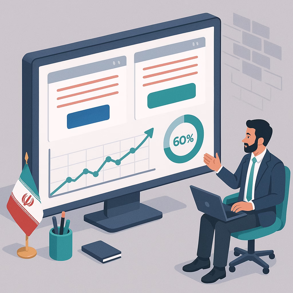 =نمایی بصری از صفحه تست A/B با دو نسخه متفاوت دکمه خرید و نمودار مقایسه نرخ تبدیل برای یک کسب‌وکار اینترنتی ایرانی