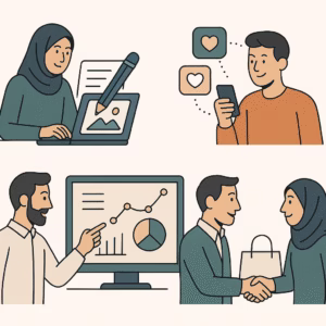 =تصویر مفهومی از مراحل جذب مشتری و رشد فروش در یک کسب‌وکار کوچک با تیم بازاریابی فعال