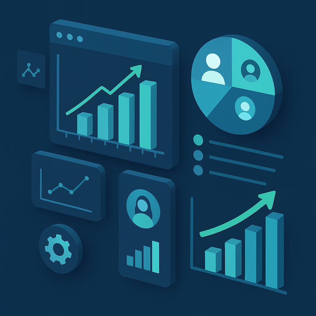 =نمایی از داشبورد بازاریابی داده‌محور، با نمودارهایی از رشد نرخ بازگشت سرمایه و تحلیل رفتار مشتری برای کسب‌وکارهای کوچک
