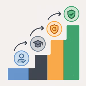 =تصویر مفهومی از عناصر E-E-A-T گوگل با تأکید بر تخصص، تجربه، اعتبار و قابلیت اعتماد در فرآیند بهبود سئو سایت