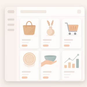 =صفحه نمونه فروشگاه اینترنتی صنایع دستی با نمایش محصولات، سبد خرید و داشبورد آمار سفارش‌ها؛ مناسب برای فروشگاه آنلاین صنایع دستی مبتدی